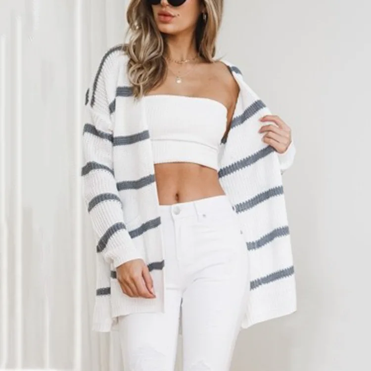 

2021 early spring new product sweater women street fashion mid-length striped knitted cardigan