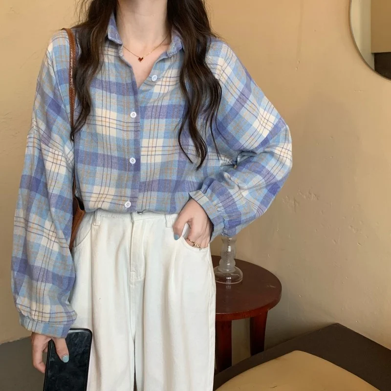 

2021 Women Fashion Blouse Long Sleeve Collared Designer Shirt Autumn New Korean Style Plaid Loose Cardigan Ladies Top Pullover
