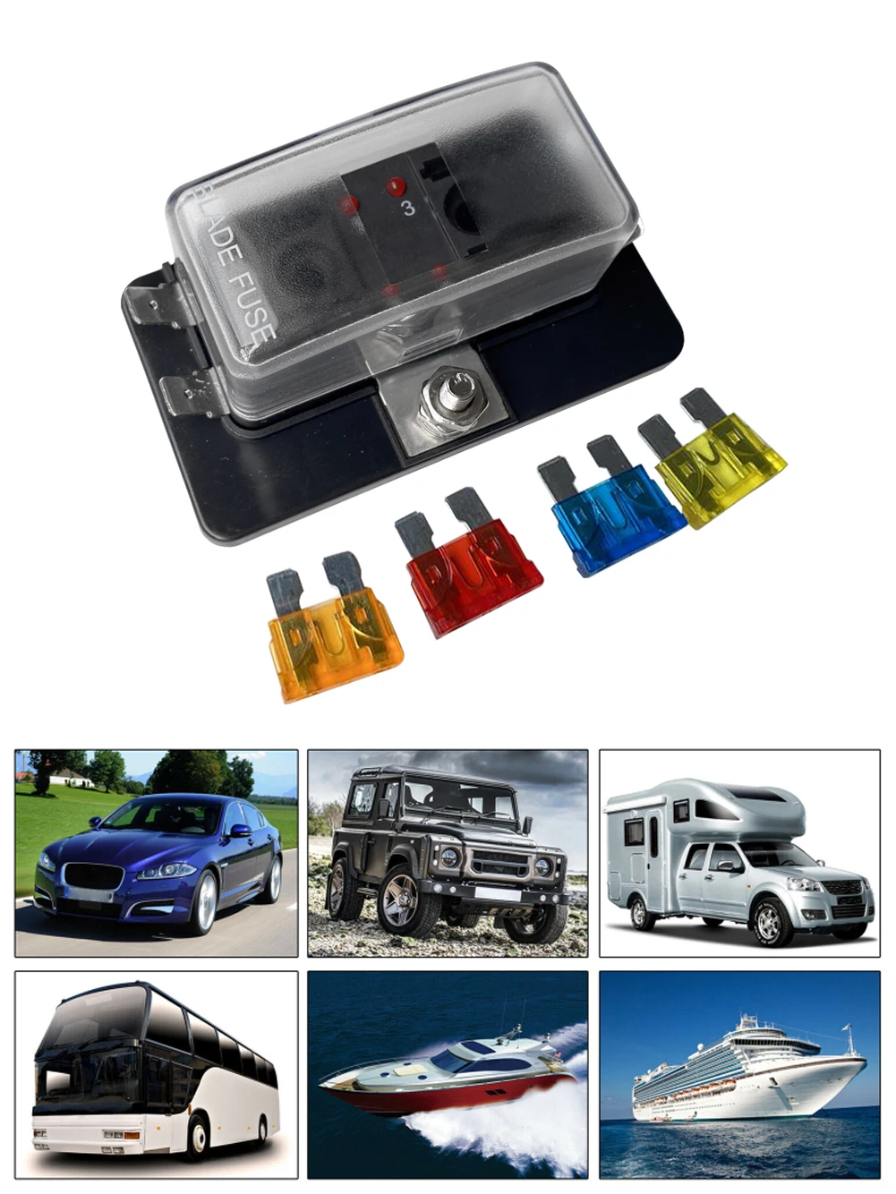 

4-Way 32V Blade Fuse Block ATO/ATC Fuse Box Holder With LED Indicator Waterproof Cover For 12V/24V Car Marine W/ 4pcs Fuse