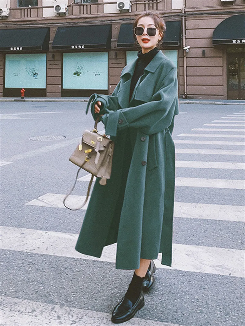 

Red/Green Woolen Coat Women Autumn Winter British Style Clothing Fashion Loose Female Windbreaker Jacket Bandage Overcoat f2832