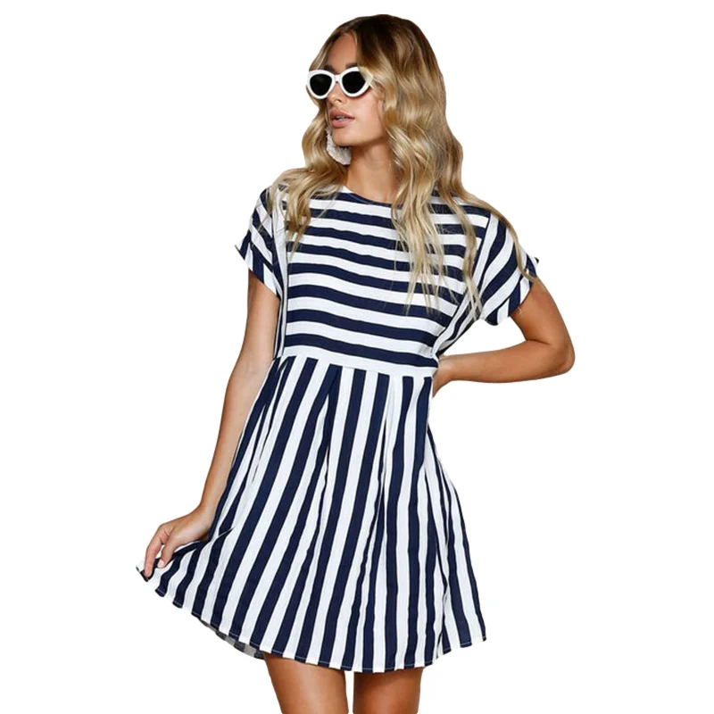 Женское пляжное платье трапеция в полоску с коротким рукавом и круглым вырезом