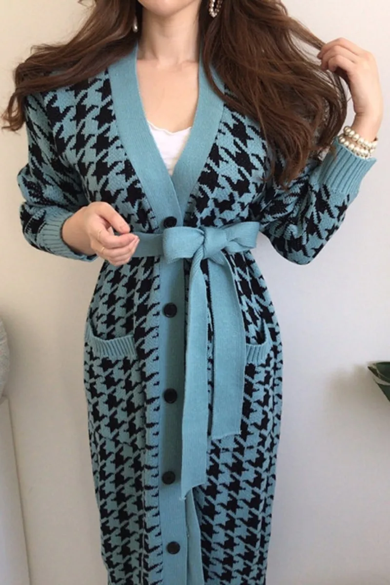

Spring Houndstooth Knitted Long Cardigans Sweaters Women Long Sleeve Singe-breasted V-neck Sashes Vintage Fashion Tops MY554