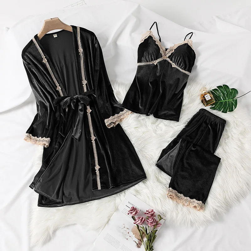 Пижамный комплект Женский из 3 предметов мягкая велюровая ночная рубашка кимоно