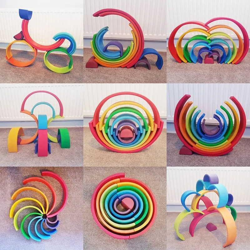 

Montessori Large Wooden Rainbow Stacker Building Blocks Sensory Creative Balance Rainbow Stacking Acrylic Games Toys for Kids