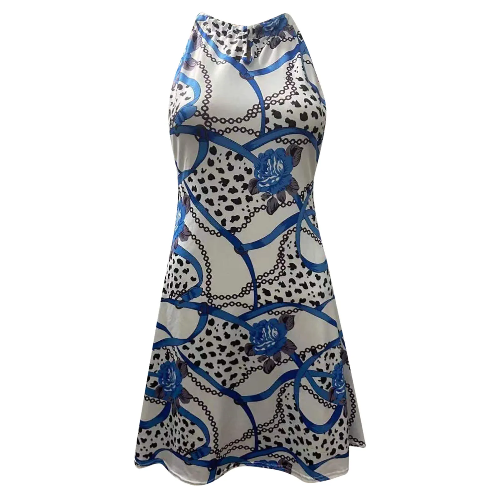 

Summer Dress For Women 2021 Fashion Print Sleeveless Blackless Hanging Neck Mini Dress Female Loose Becah Dresses Traf#35