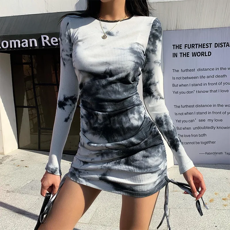 

Dye Tie Mini Dress Sexy Drawstring O Neck Long Sleeve Plus Size Woman Dress Sheath Folds Female Clothes Vestido Feminino S-3XL