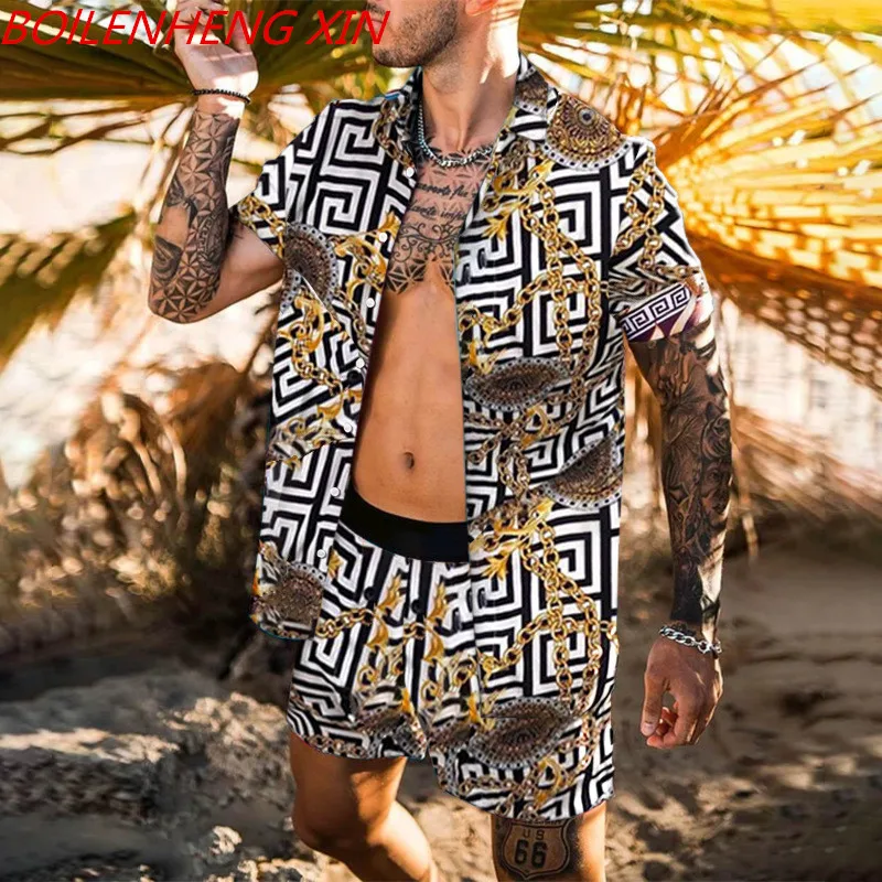 

Mens Hawaiian Printing Short Sleeve Set Fashion Breathable Lapel Sets 2021 Summer Casual Floral Shirt Beach Two Piece Suit M-3XL