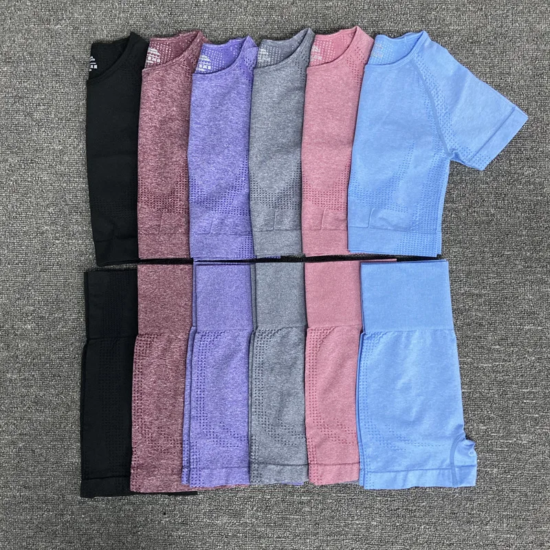

2021 Womens Yoga Set Running Short Sleeve Suit Seamless Yoga Suit Fitness Tight Yoga Shorts Suit