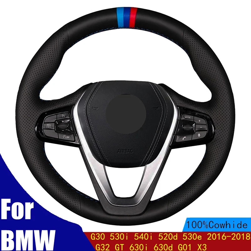 

DIY Car Steering Wheel Cover Black Genuine Leather For BMW G30 530i 540i 520d 530e 2016-2018 G32 GT 630i 630d G01 X3