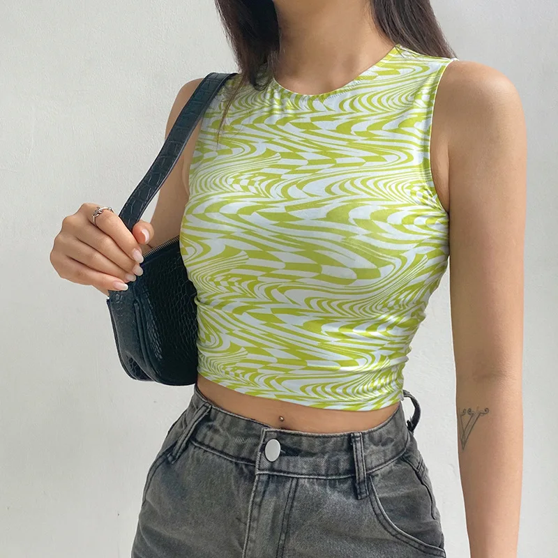

TYJTJY Y2K Crop Top Green Sleeveless Ripple Print Streetwear Club Outfits 2021 Ladies Sheath Sexy Summer Tops Women