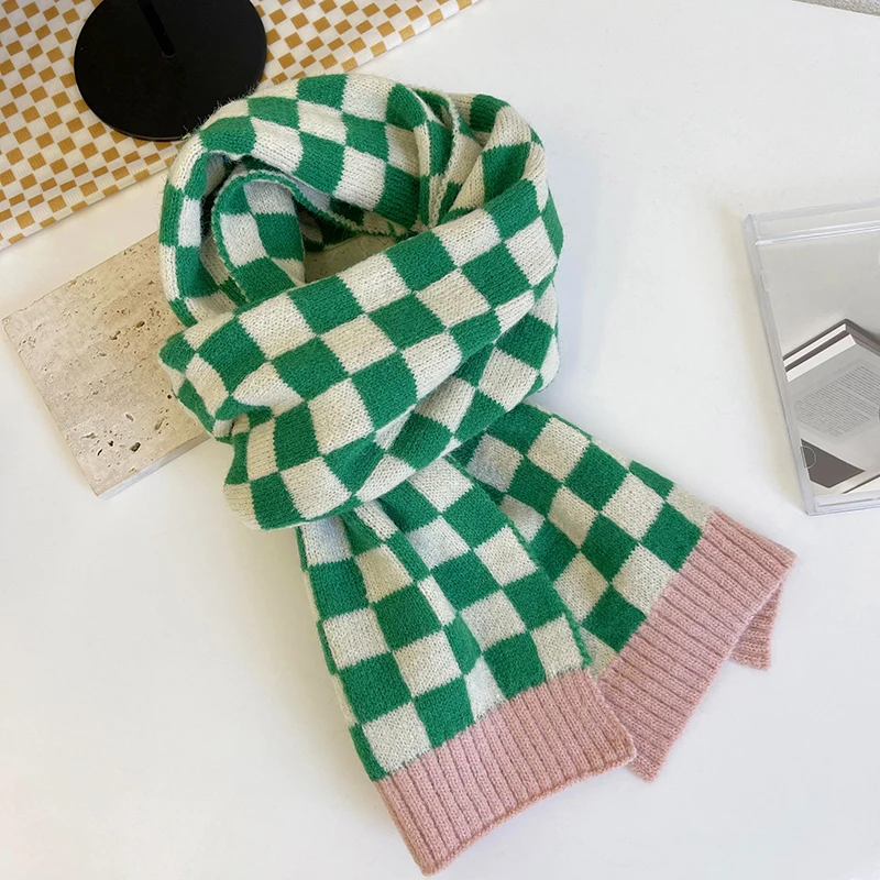 

Luna&Dolphin Women Winter Korean Style Small Checkerboard Plaid Neckerchief Green Black Ins Warm Knitted Woolen Pashmina Shawl