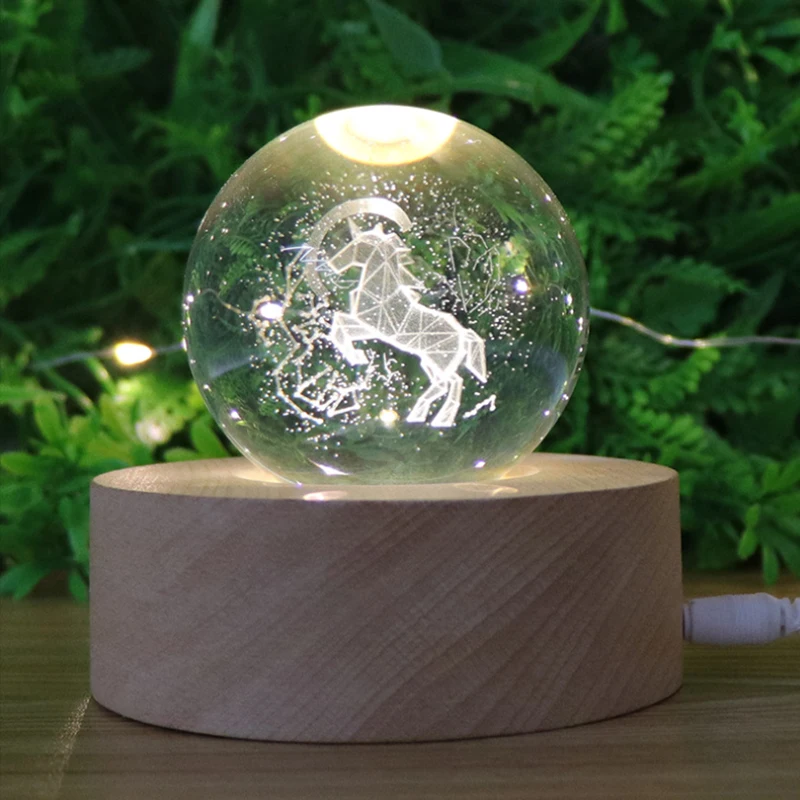 

3D Crystal Ball Engraving Cartoon Unicorn 5V USB Night Light Round Beech Wood Base For Bedroom Bedside Decor as Birthday Gift