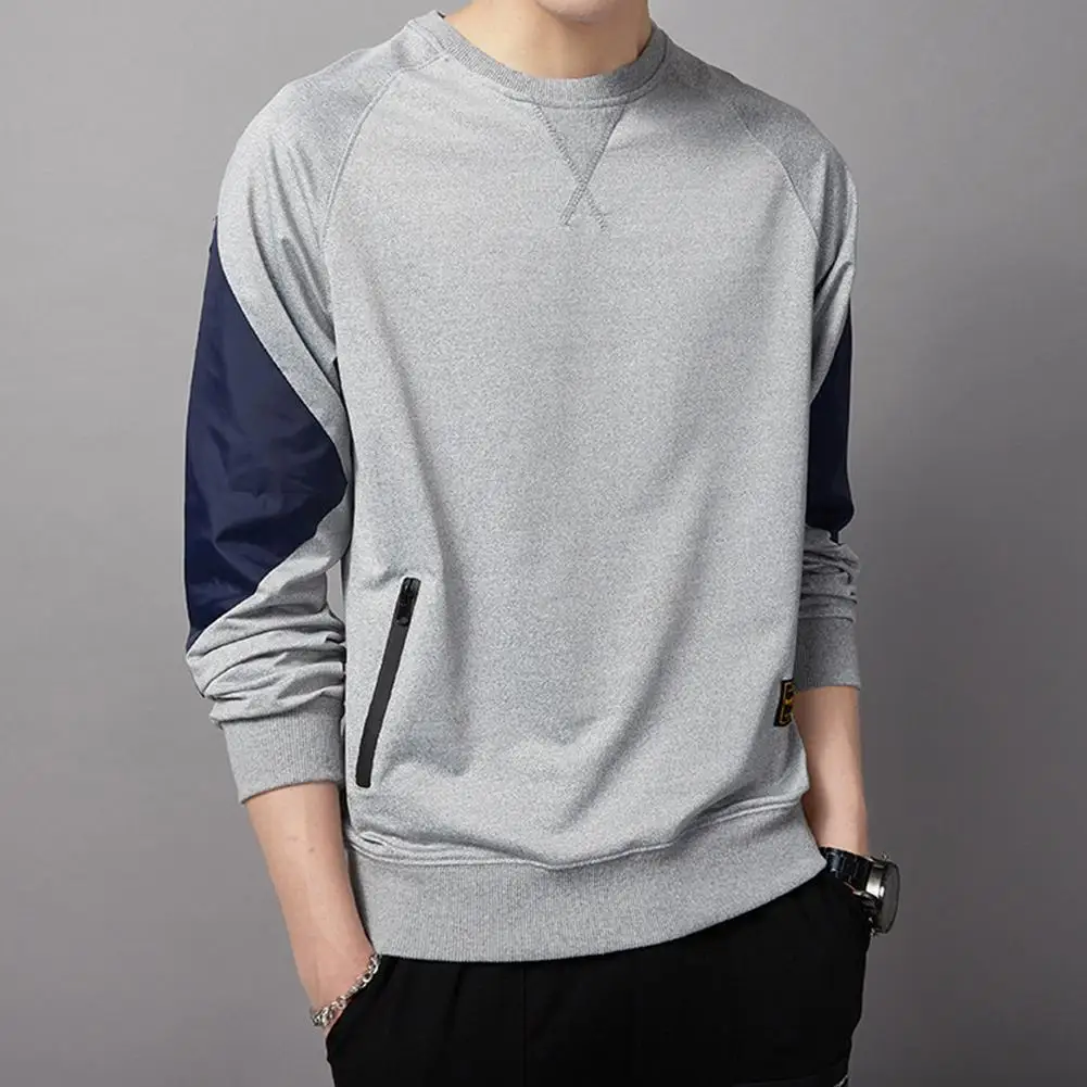 

Men Casual Long Sleeve Patchwork O Neck Zip Pocket Loose Sweatshirt T-shirt Top
