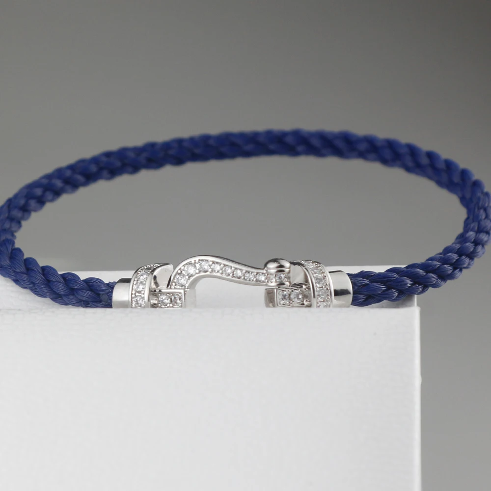 

KT Jewelry Luxury Bracelet Premium Quality Original 1:1 logo Shiny Horseshoe Blue Leather Cord Bracelets fred U Woman