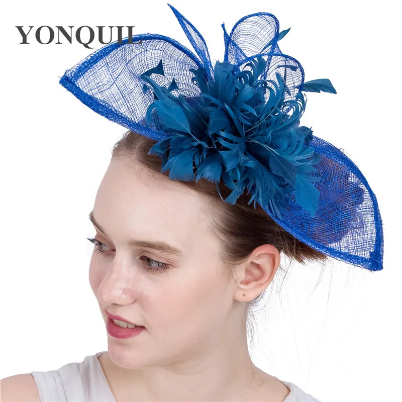 Фото Королевский синий Sinamay Fascinators Заколка для волос с перьями Дерби Головные уборы Женские церковные шляпы Свадебные аксессуары для волос №4