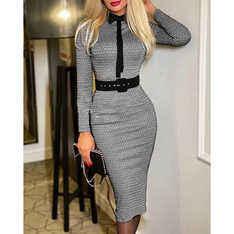 

Patchwork Bodycon Dress Woman Sashes Long Sleeve Elegant Dresses for Women 2021 Turn-down Collar Winter Female Dress Autumn Robe