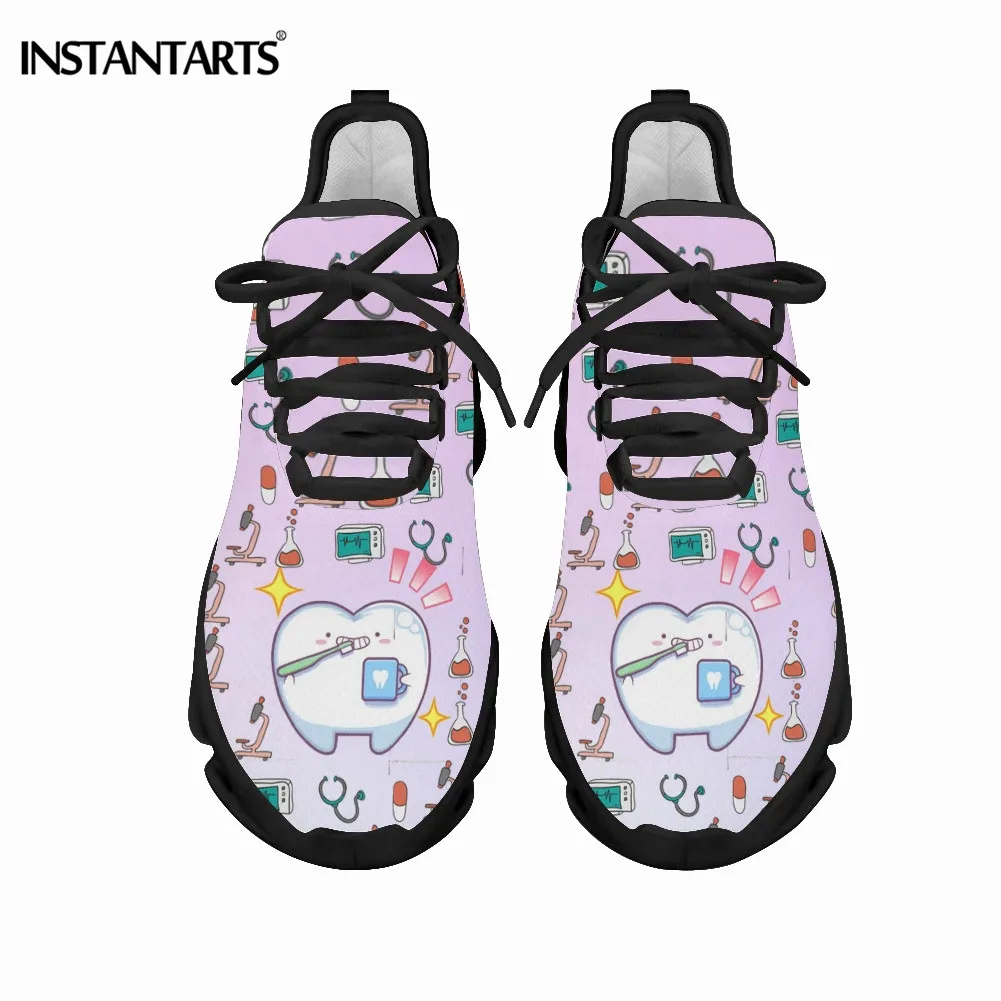 

INSTANTARTS Women Pink Cute Cartoon Tooth Dentist Print Blue Dental Shoes Spring Lace Up Flat Sneakers Breathe Zapatillas Mujer