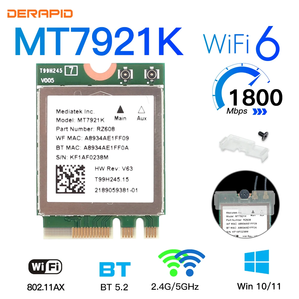 WiFi 6 MT7921K Dual Band Blue-tooth 5.2 беспроводной адаптер 1800 Мбит/с поддержка памяти сетевая