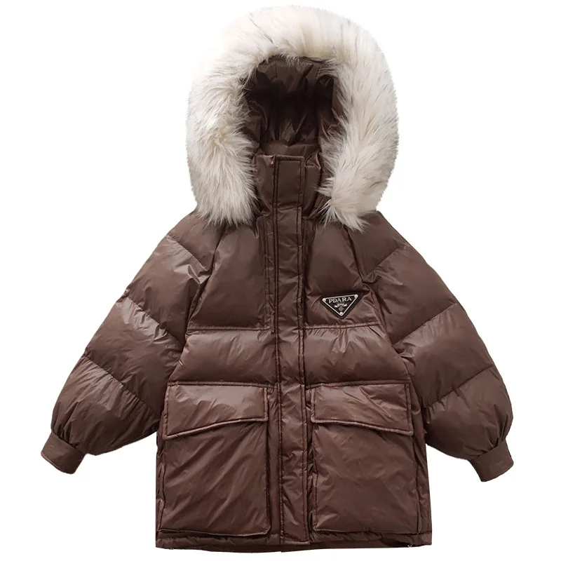 

2021 Winter Korean Style New Big Fur Collar Casual Loose Back Stitching Letter down Cotton Clothes Women's Clothes Bread Coat