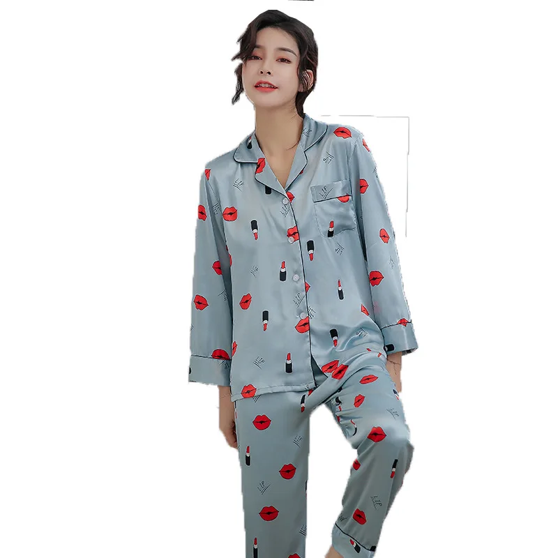 

Female age season emulation silk pajamas long-sleeved two suits thin lips sweet coltsfoot han edition