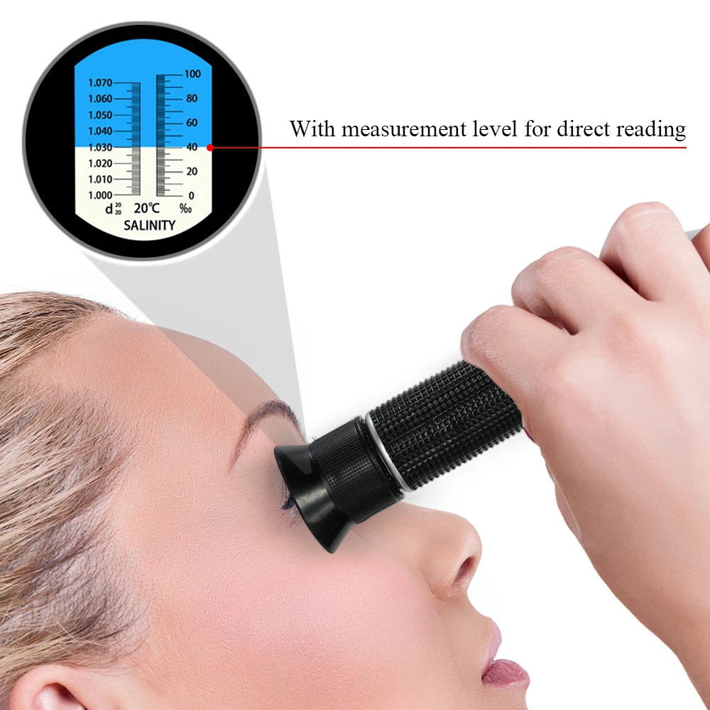 

Salinity Refractometer Portable Handheld ATC Salinometer Seawater with 0-100% Measuring Range 1.00-1.07 Specific Gravity