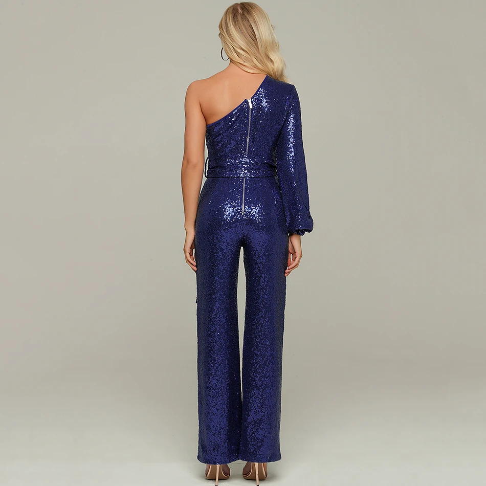

2020 New Women Fashion Sexy Blue One Shoulder Sequin Belt Long Sleeve Lantern Sleeve Jumpsuit Bodycon Club Party Jumpsuit