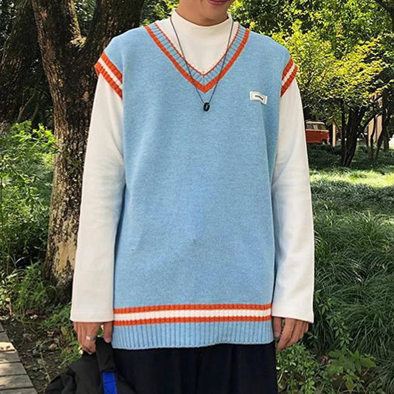 Мужской свитер жилет с V образным вырезом Трикотажный в стиле пэчворк для пар