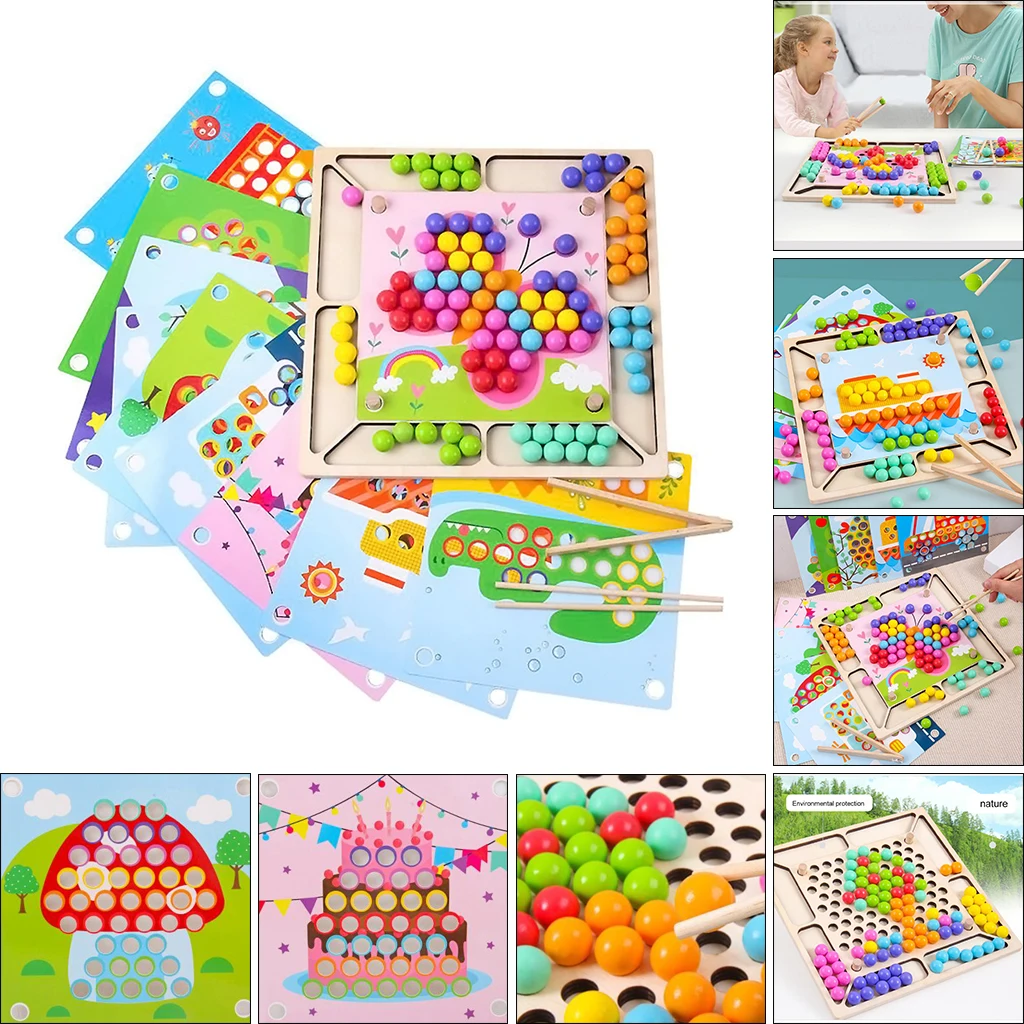 

Wooden Board Bead Game Toy Puzzle Bead Board Games Wooden Beads Board Games Toy with Rainbow Beads,Clip,Chopsticks