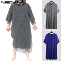 men bathrobes solid color half sleeve pockets quick dry fashion hooded robes pajamas homewear beach men towel bathrobe incerun
