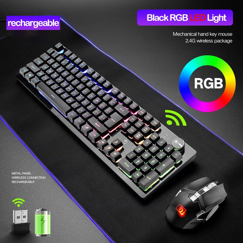

Recharging Wireless Keyboard Gaming Mechanical Feeling Keyboards RGB Backlit 2.4g Wireless Mouse 2400dpi Pc Gamer Keypad Punk