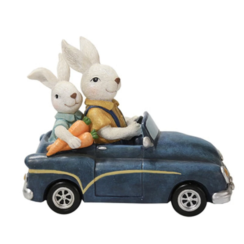 

Easter Decoration Car Bunny Rabbit Statue Ornaments Vintage Rustic Micro Landscape Figurine Resin Crafts