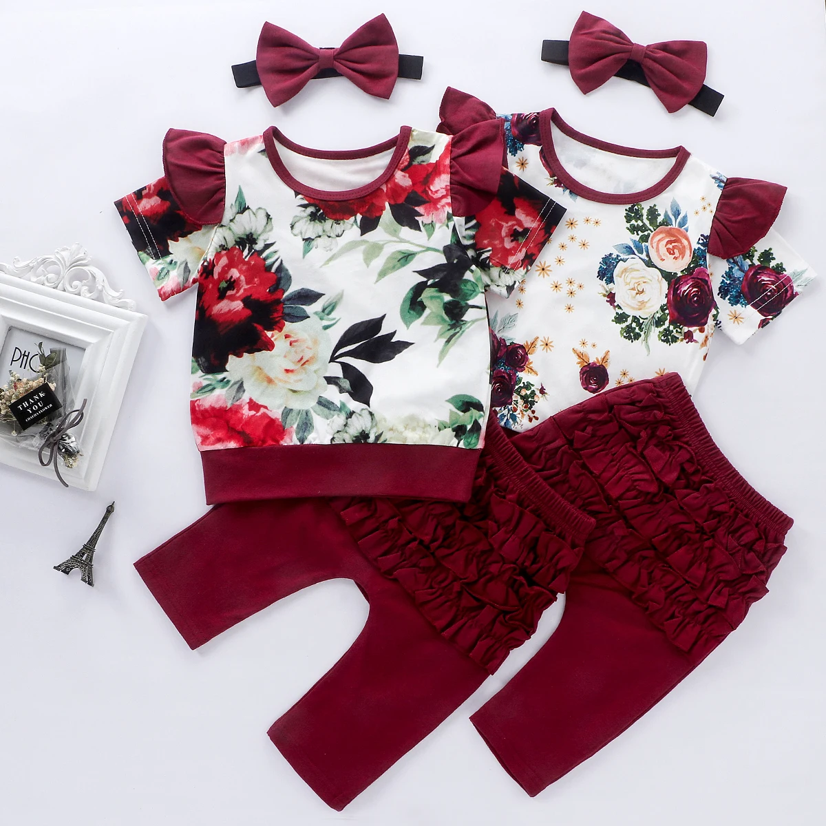 Комплект летней одежды для новорожденных девочек блузка с цветочным рисунком и