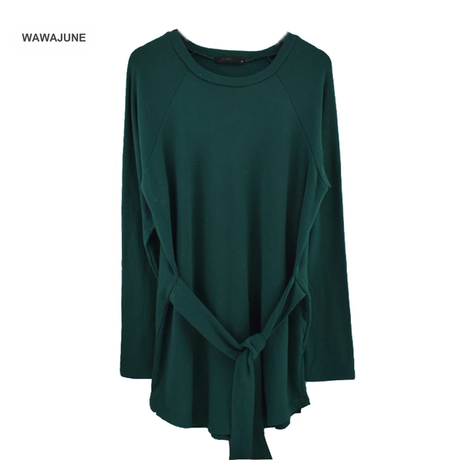 

#240 Deep Green Plush Sashes Casual Loose Dress Ladies Fashion O Neck Long Tops Female T Shirt Streetwear Plus Size Dresses