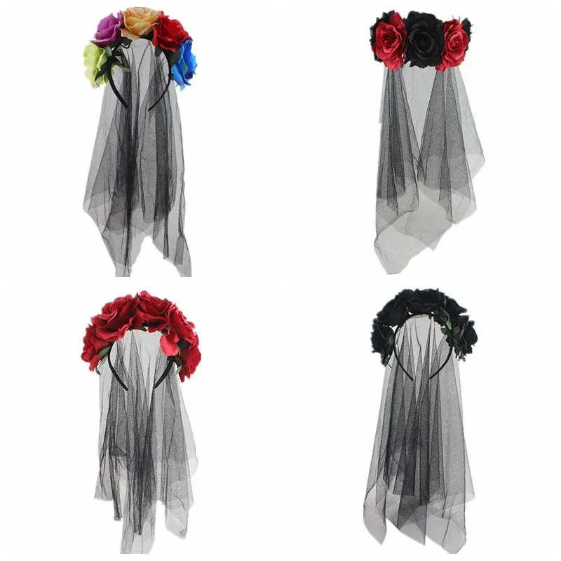Ful Flower Headband With Long Veil Gothic Style Hair Hoop  Party For Women   Easter Christmas