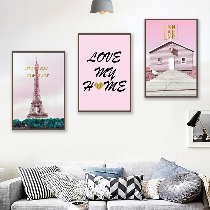 Розовый башня и дом фотографировать Пейзаж Картины домашний декор Скандинавская