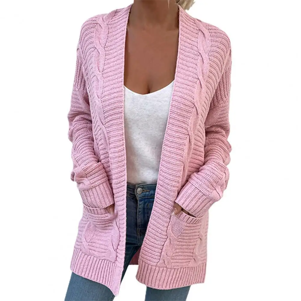 

Open Front Long Sleeve Casual Sweater Women Cardigan Autumn Winter Two Pockets Twist Sweater Coat Female Knitwear Women Tops