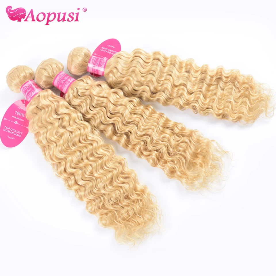 Aopusi 613 Deep Wave Bundles Brazilian Human Hair Blonde Curly Extensions 1/3/4 Pcs Natural Weaves Remy | Шиньоны и парики