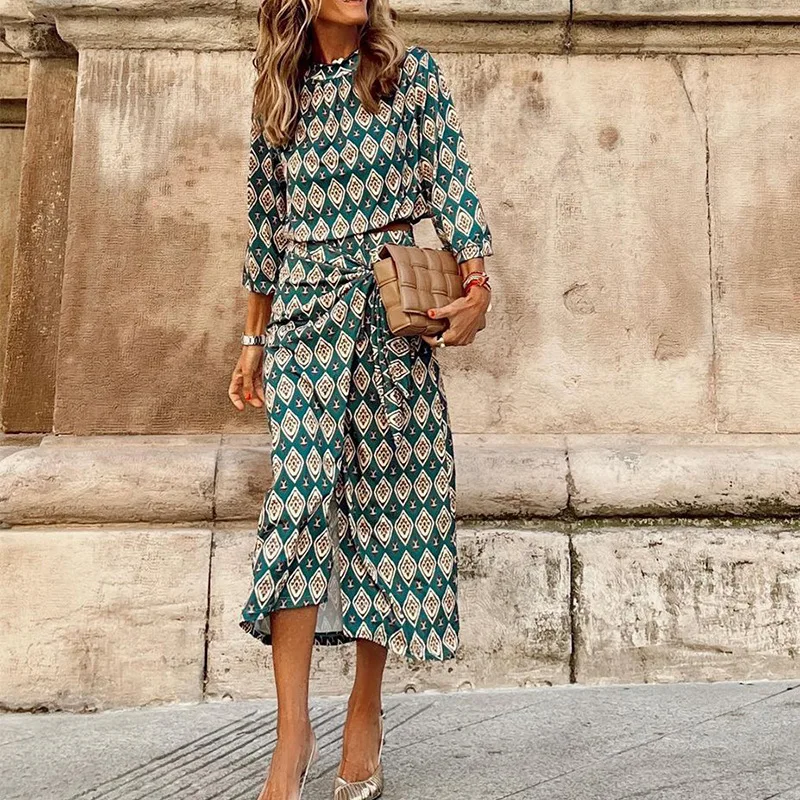 

Осень 2022, новый модный короткий топ, юбка неправильной формы, богемный костюм с принтом, элегантный комплект из двух предметов, Тонкий ретро ...