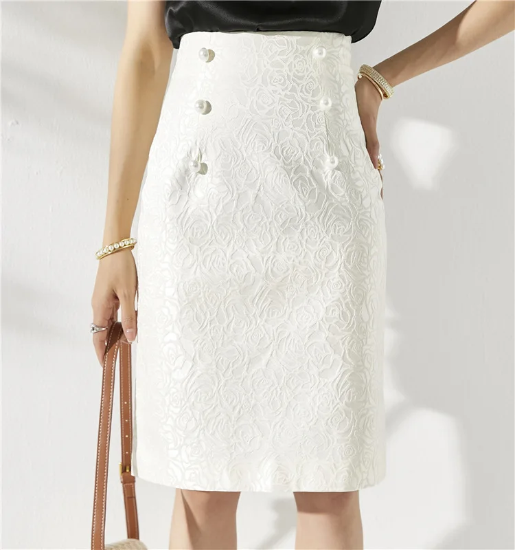 

Женская юбка с жемчужинами, белая винтажная юбка с завышенной талией, двубортная облегающая юбка, Новинка лета 2021