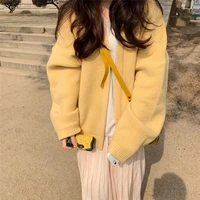 korean style autumn cardigan women yellow solid knit sweater simple popular chic casual ulzzang loose student outerwear femme