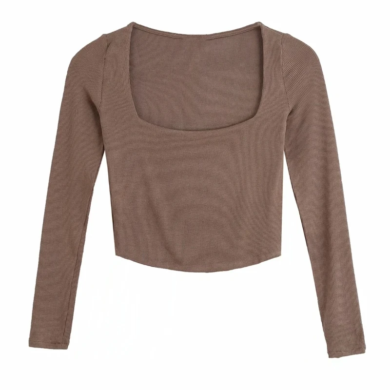 

Autumn Women Square Collar Knitting Short T Shirt Casual O Neck Long Sleeve Crop Tops
