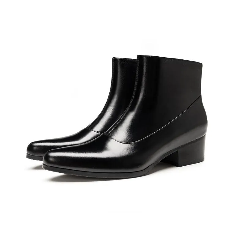 

Autumn Winter New Men's High Heels Business Dress Chelsea Ankle Boots Men Pointed Toe Zip Genuine Leather Height Increase Boots