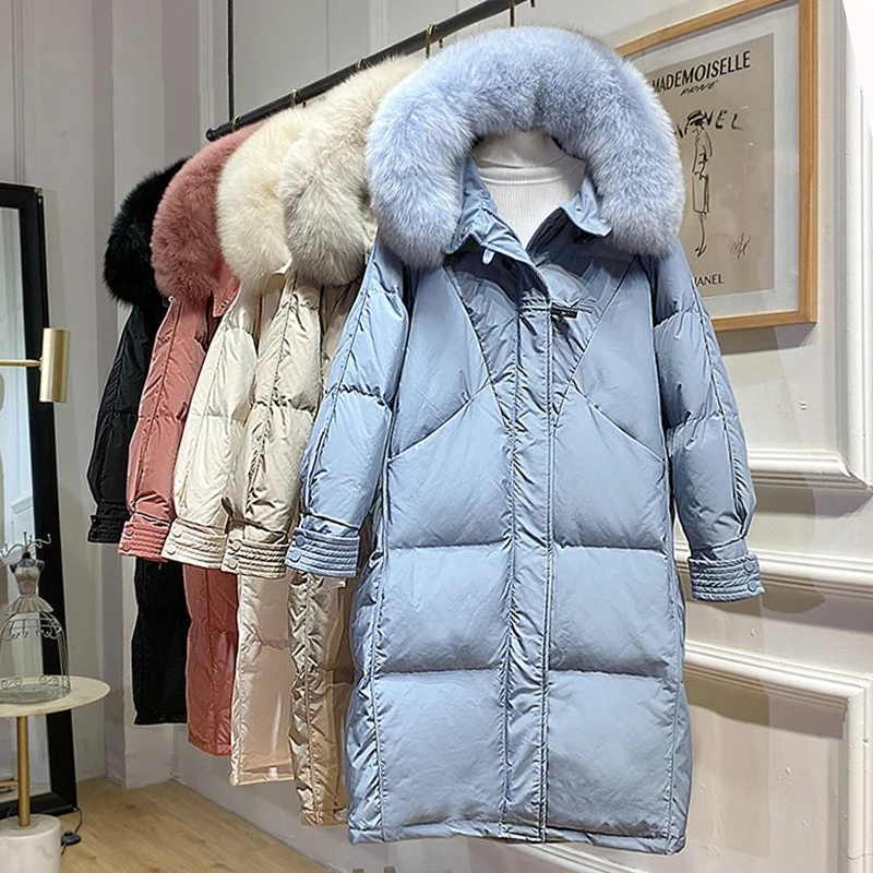 2021 Winter Big Real Fur Hooded Jacket New Women 90% Duck Down Long Coat Warm Snow Outwear Horn Button Loose Bule Parkas