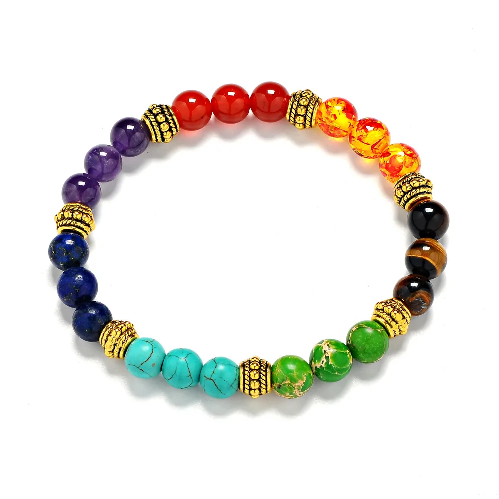 

2021 New Natural Stone 7 Chakra Tiger Eye Stone Beads Seven Colors 8Mm Round Beads Rainbow 7 Chakra Bracelet