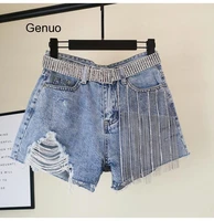 hot pants korean style womens wide legs hot drilled holes high waist loose fringed jeans shorts girls lady 2020 summer new