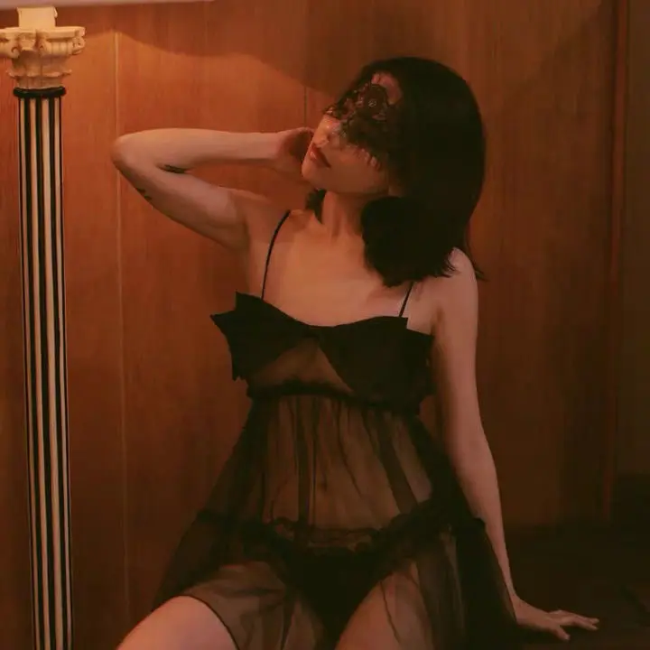 

Creation 20 Women's Sexy Pajamas Suit Bow Net Perspective Suspender Nightdress Sexy Teaser Pajamas