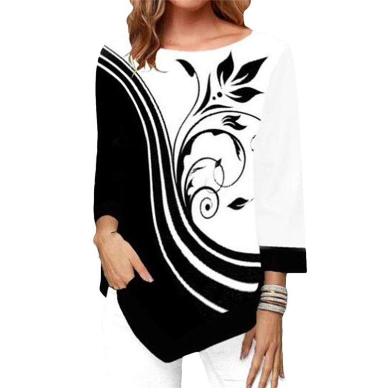 Цифровая печатная черно белая контрастная цветная круглая шея рубашка с