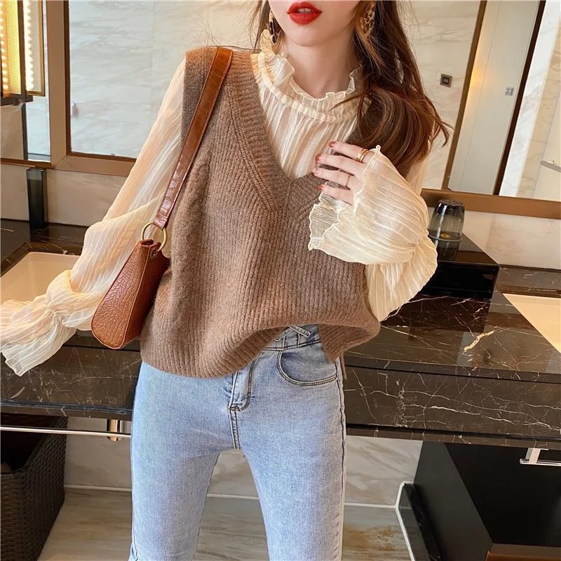 

Sweater Vest Women Sleeveless V-neck Vintage Korean Style All-match Plus Size 3XL Chic Fashion Loose Simple Elegant Fall Clothes