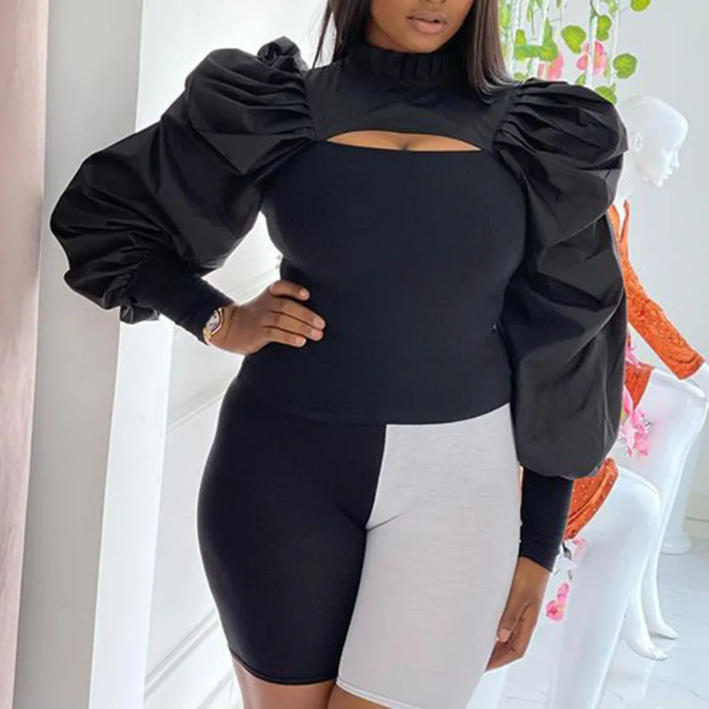 

Western Style Sweater Spring Autumn Fashion Temperament Casual Oversize African Hollow Out Knitting Puff Sleeve Turtleneck 2021