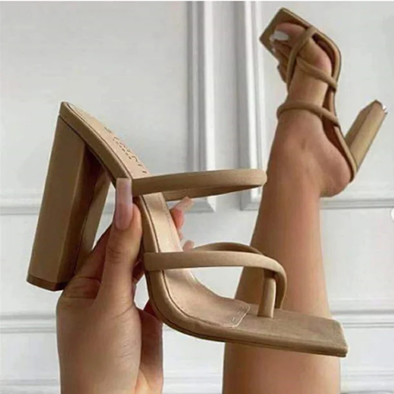 

2021 New Women Sandal Sprint Strappy Heels Sandals Slippers Women High Heels Flip Flops Square Toe Slides Party Shoes Lady Brown